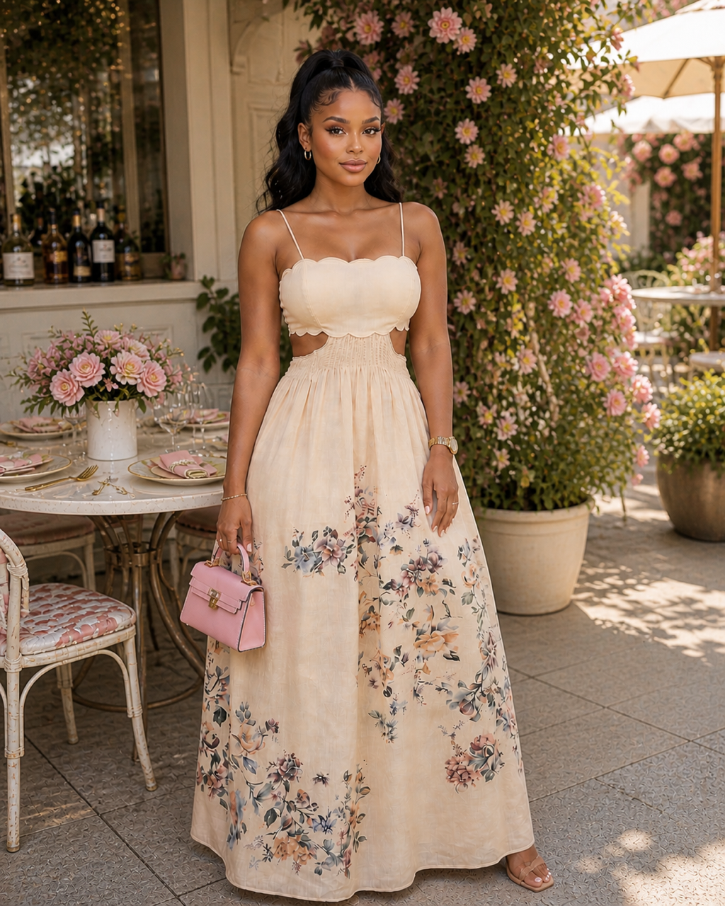 Cream Floral Cutout Dress