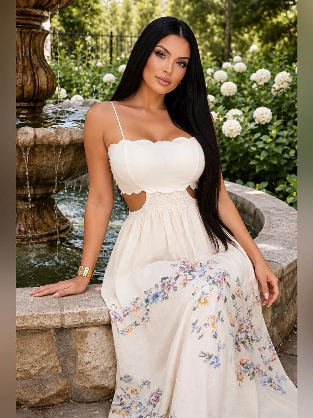 Cream Floral Cutout Dress