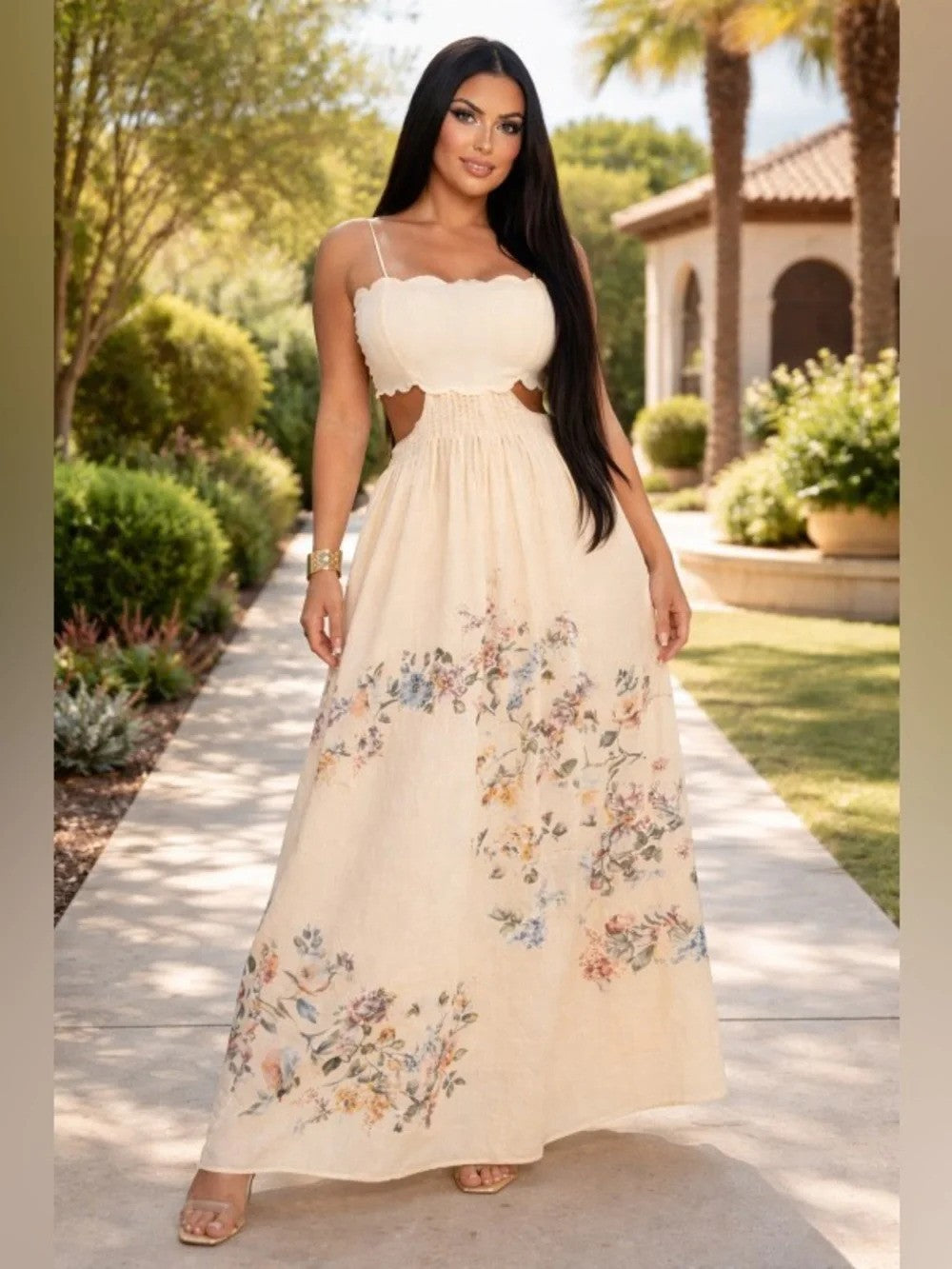 Cream Floral Cutout Dress
