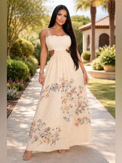 Cream Floral Cutout Dress