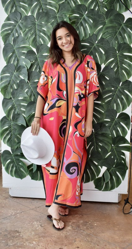 Coral Multi Print Kaftan Maxi Dress