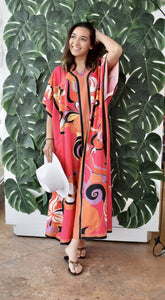 Coral Multi Print Kaftan Maxi Dress