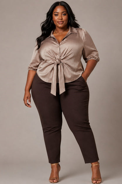 Mocha Front Tie Top - Plus Size