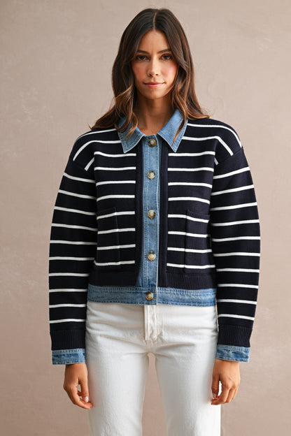 Breelyn Knit & Denim Cardigan - Navy