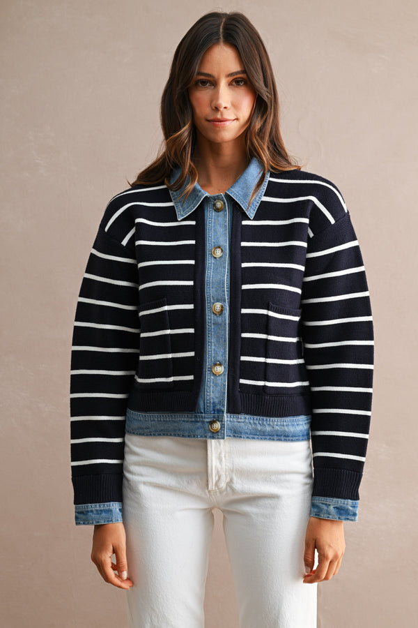 Breelyn Knit & Denim Cardigan - Navy