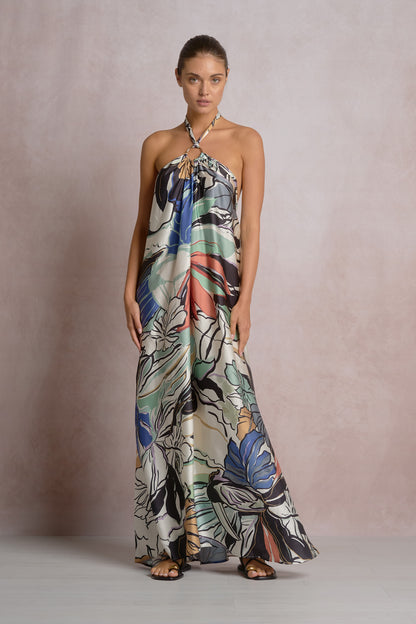 Aleeza Blue Botanical Halter Dress