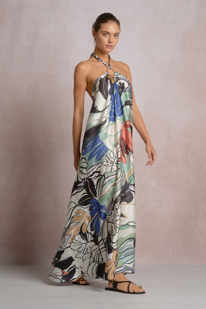 Aleeza Blue Botanical Halter Dress