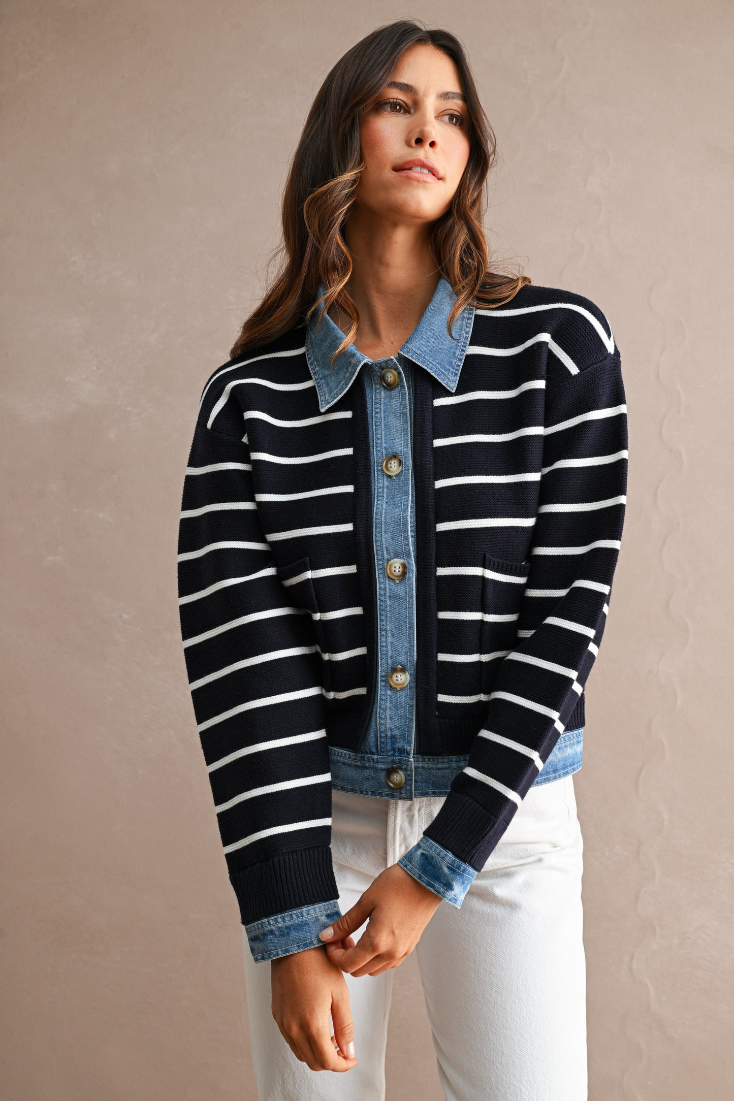 Breelyn Knit & Denim Cardigan - Navy