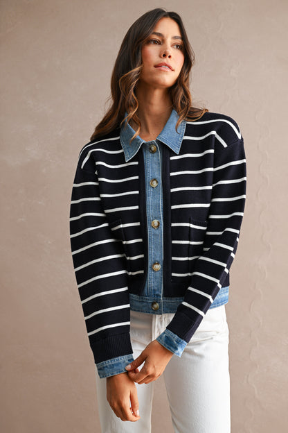 Breelyn Knit & Denim Cardigan - Navy