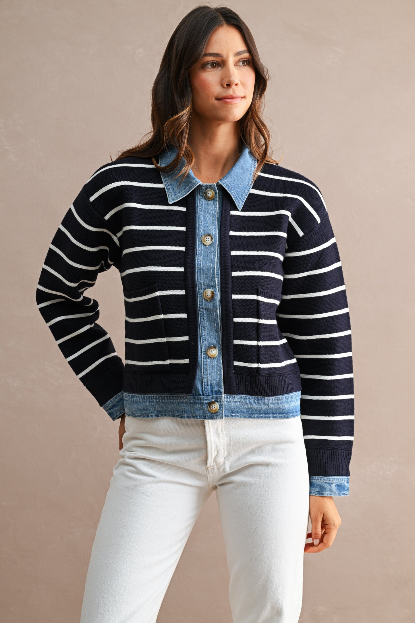 Breelyn Knit & Denim Cardigan - Navy