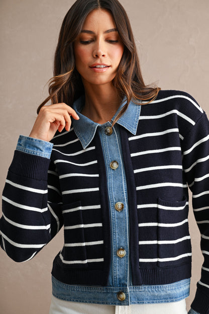 Breelyn Knit & Denim Cardigan - Navy