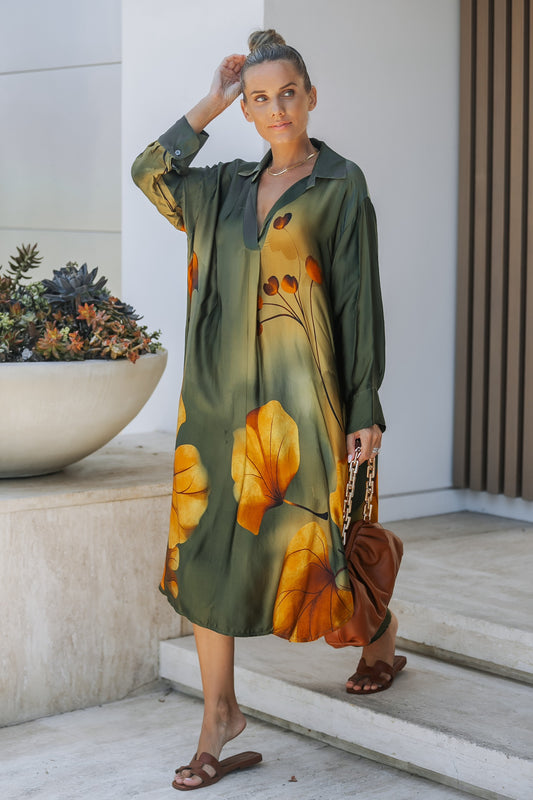 Olive Bloom Print Shirt Dress
