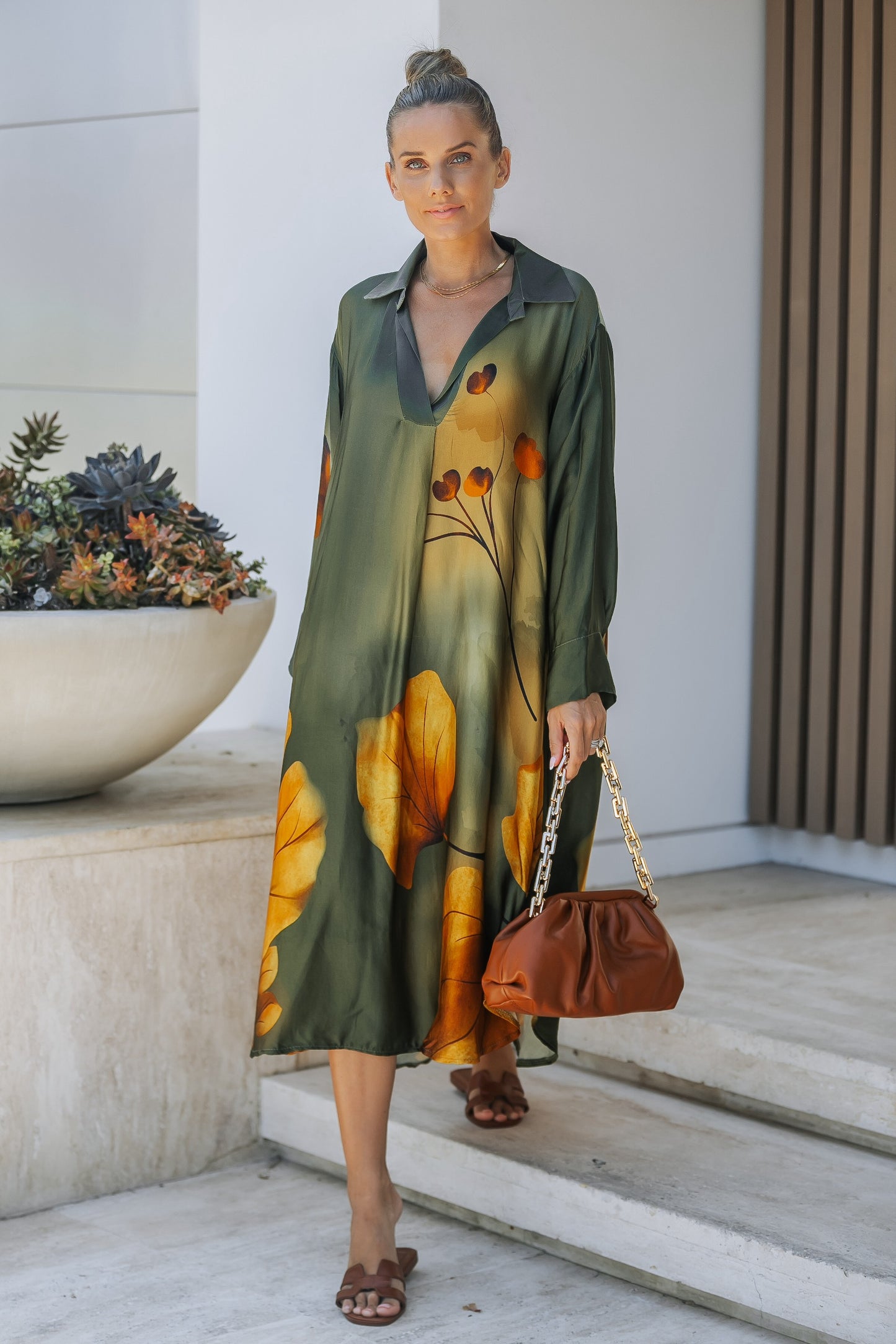 Olive Bloom Print Shirt Dress