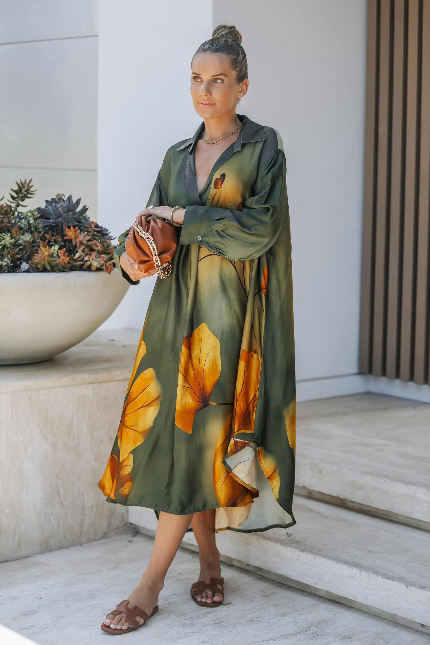 Olive Bloom Print Shirt Dress