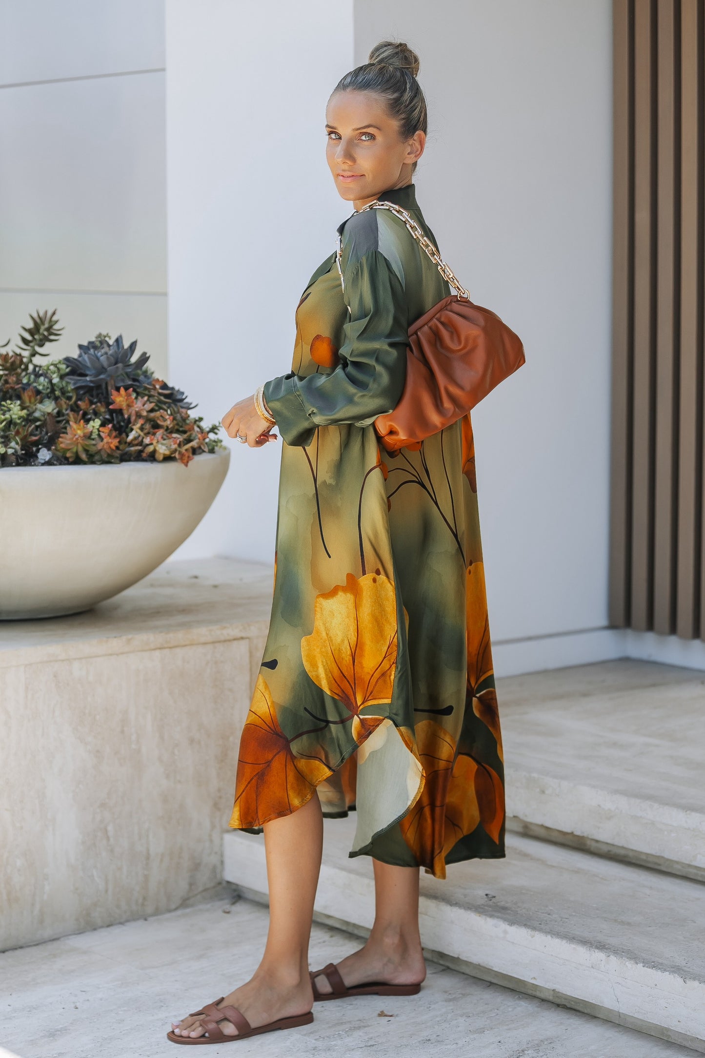 Olive Bloom Print Shirt Dress