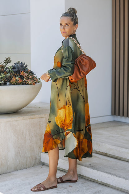 Olive Bloom Print Shirt Dress