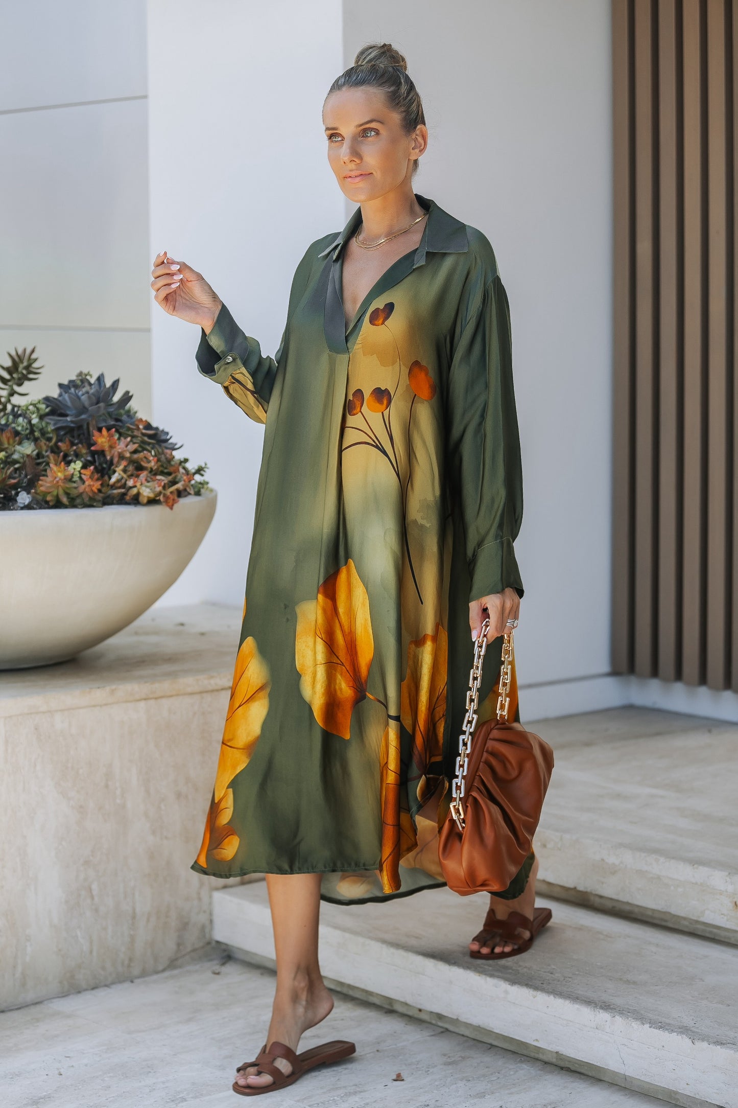 Olive Bloom Print Shirt Dress