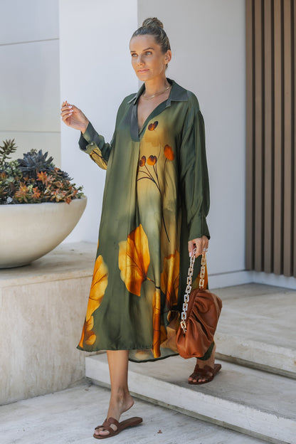 Olive Bloom Print Shirt Dress