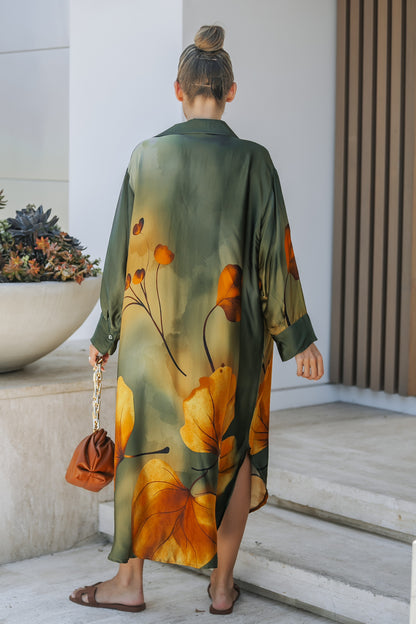 Olive Bloom Print Shirt Dress