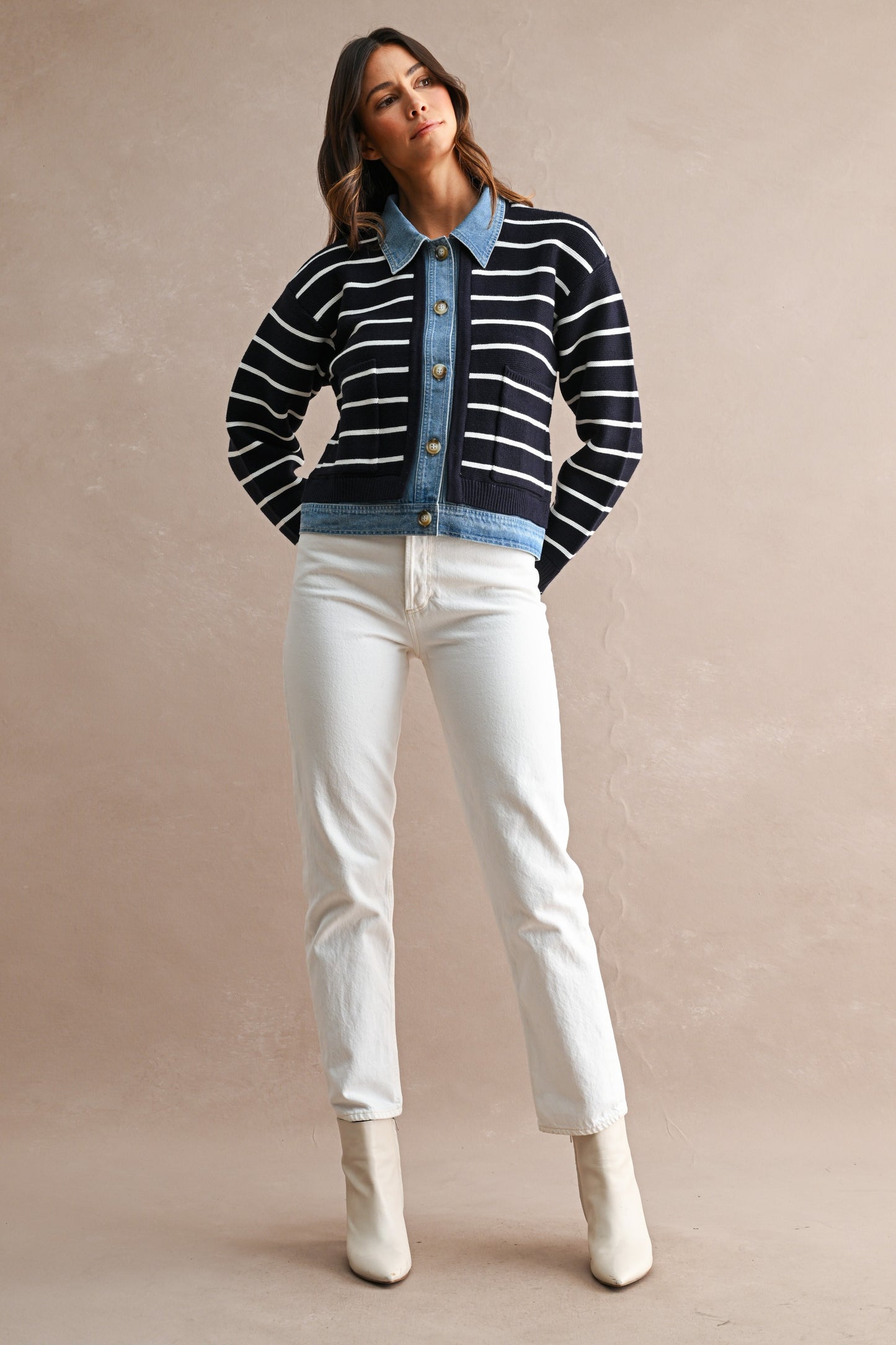 Breelyn Knit & Denim Cardigan - Navy