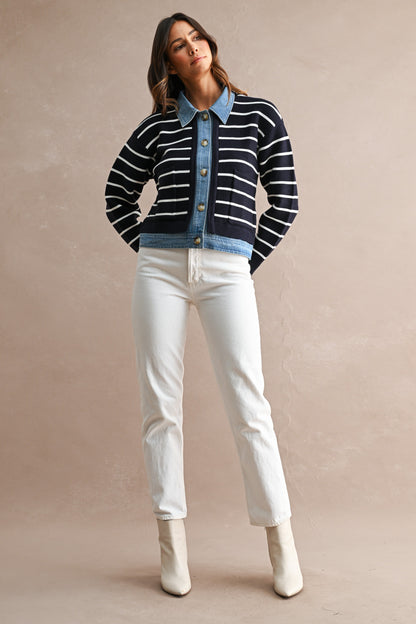 Breelyn Knit & Denim Cardigan - Navy