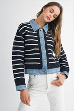 Load image into Gallery viewer, Stripe Knit &amp; Denim Mix Cardigan
