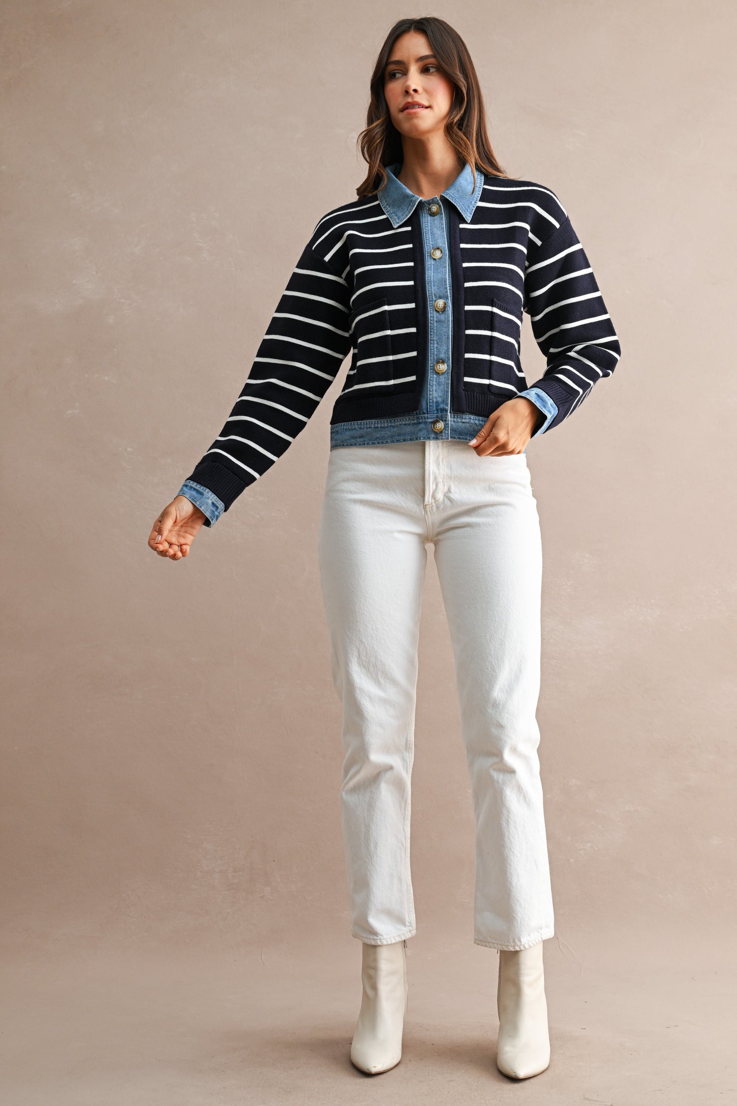 Breelyn Knit & Denim Cardigan - Navy