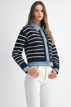 Load image into Gallery viewer, Stripe Knit &amp; Denim Mix Cardigan
