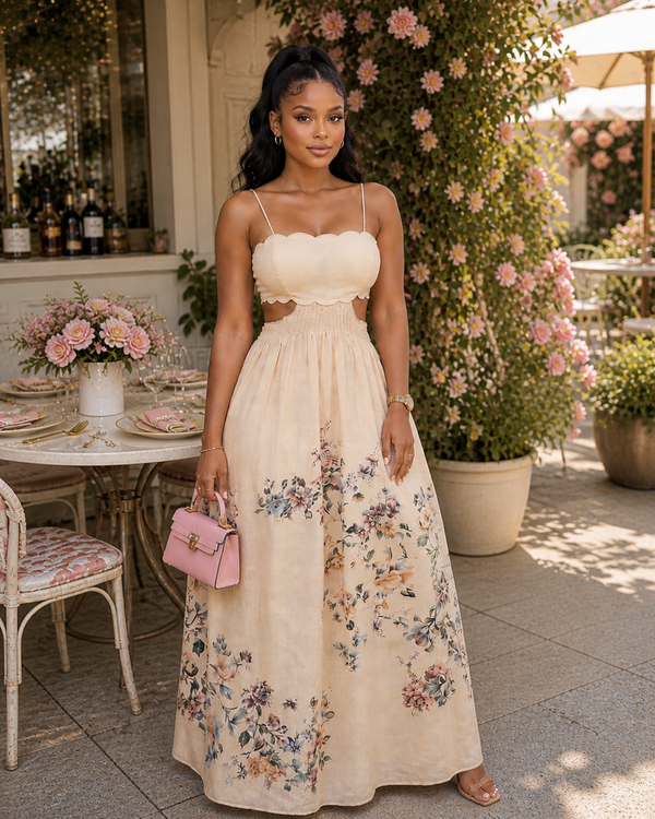 Cream Floral Cutout Dress